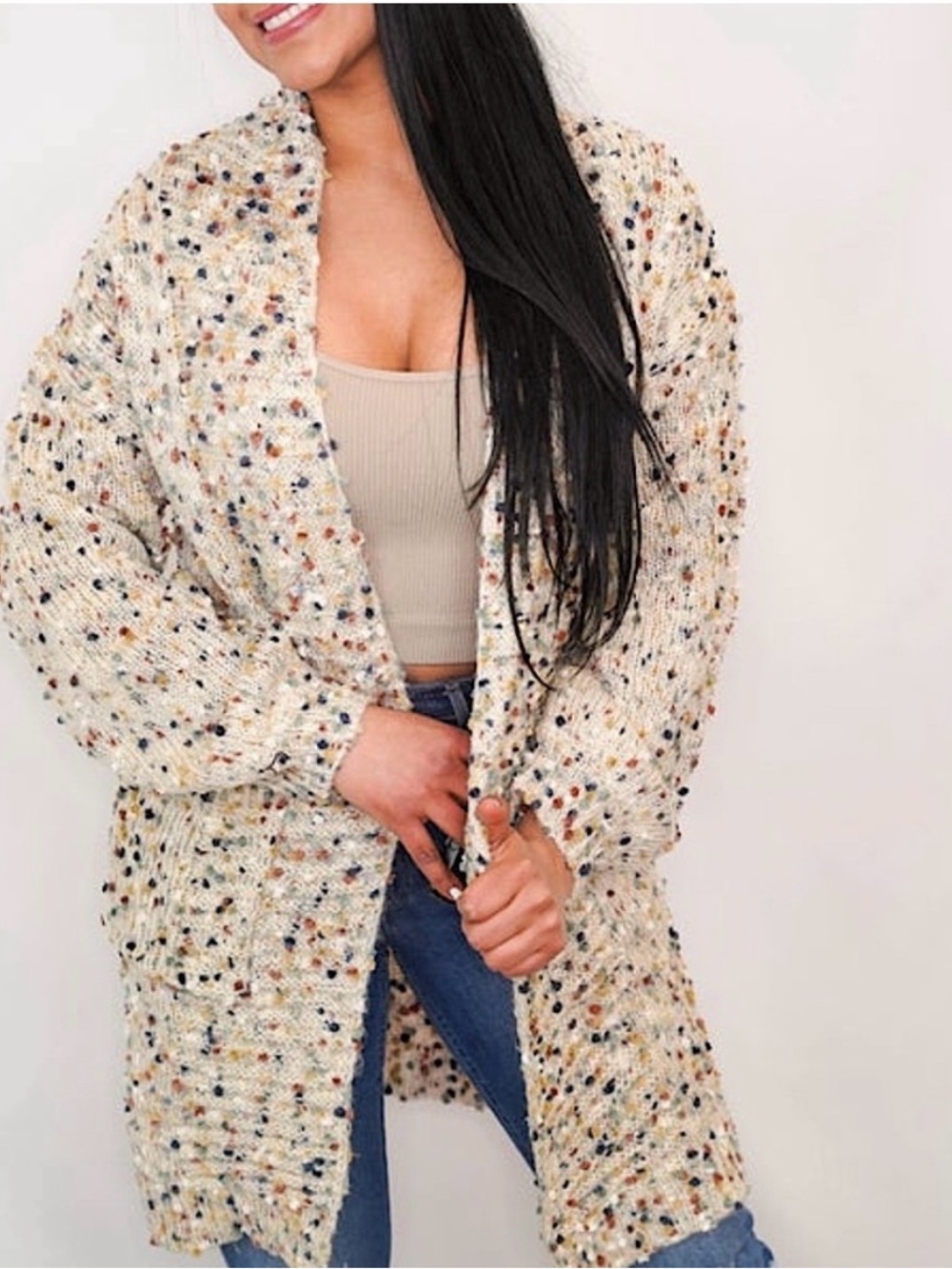 Davi & Dani Cream Confetti Open Front Oversized Boho Cardigan Duster Size 3XL